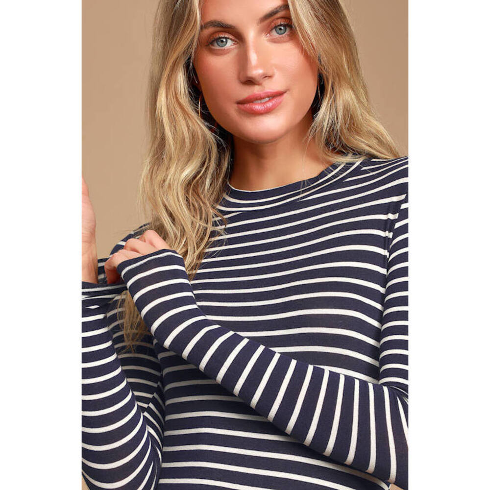 Lulus Anything Is Posh-ible Navy Blue Striped Top - Size XS